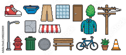 Diverse set of pixel art icons featuring various city street elements and clothing items for a retro video game, including a bicycle, bench, fire hydrant, and flannel shirt