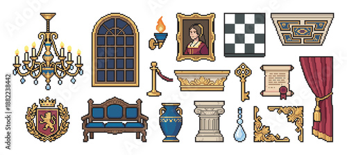 Large set of vintage pixel art objects for a castle interior, including an ornate chandelier, antique furniture, a royal portrait, and other decorative elements for a retro game