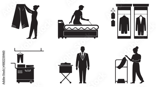 Laundry Service Staff Ironing and Folding Clothes Silhouette Icon Set