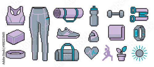 Set of pixel art fitness and yoga icons for a healthy lifestyle, including workout clothes, gym equipment, and wellness symbols in a retro 8-bit gaming style