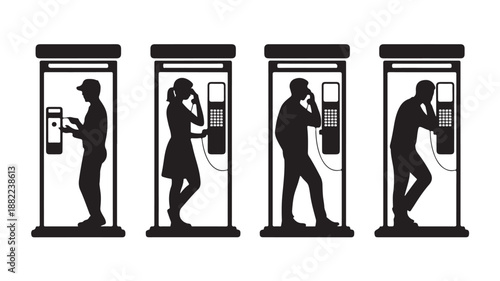 People Communicating in Phone Booths with Payphones and Smartphones Silhouettes