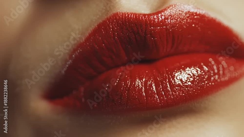 Valentine's Day: A woman with vibrant red lipstick and glossy lips is captured in a close-up video showcasing her beautiful smile and makeup.