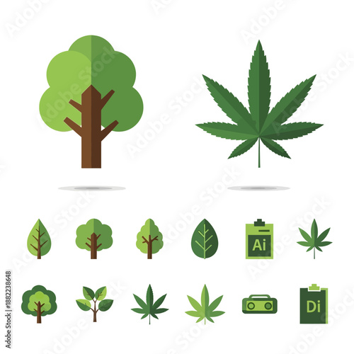Flat design icons of trees, leaves, and abstract shapes in green and brown