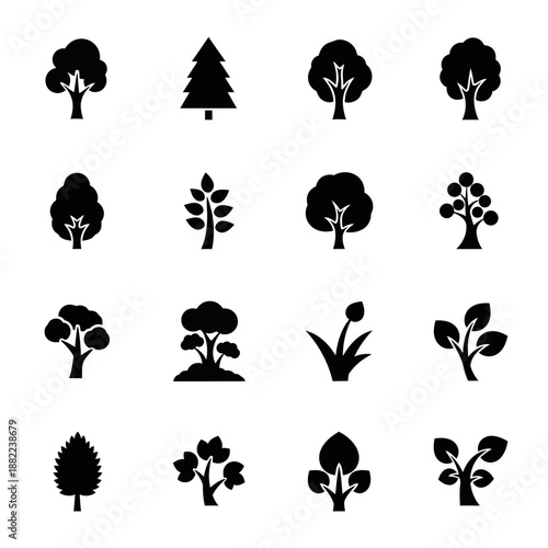 Collection of diverse black tree and plant icons on a white background