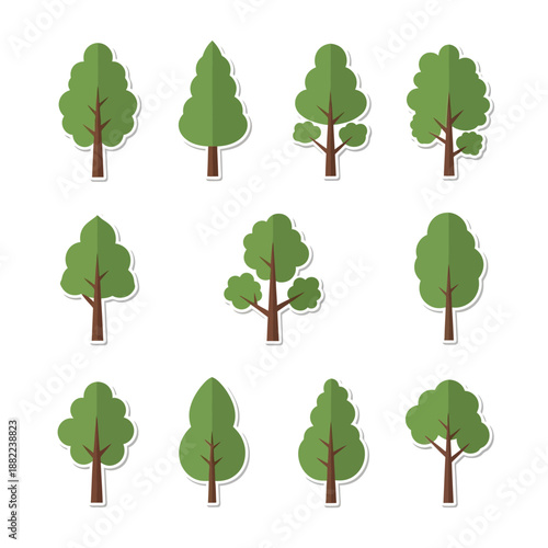 Diverse flat illustrated deciduous trees arranged in rows