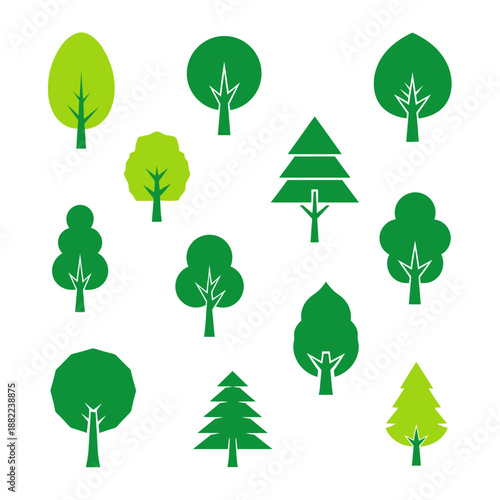 A collection of stylized green trees in various shapes and sizes