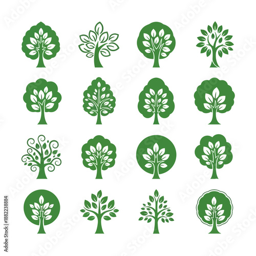 Collection of sixteen stylized green trees on a white background