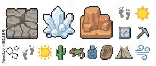 Set of pixel art video game icons for an adventure or survival theme, including a compass, pickaxe, crystal, and tent, rendered in a classic 8-bit retro style