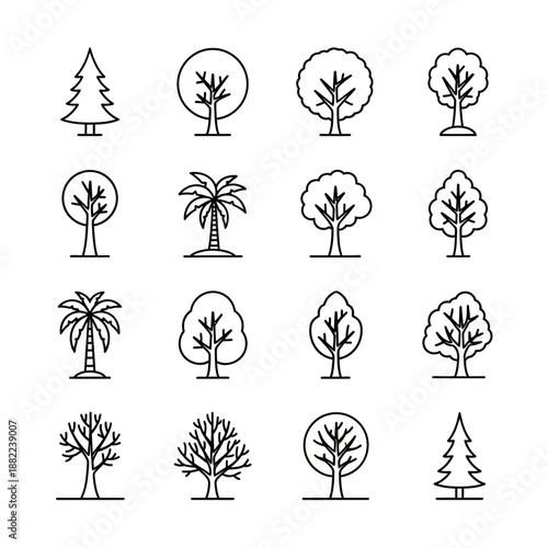 Simple line art icons depicting various tree types on a white background