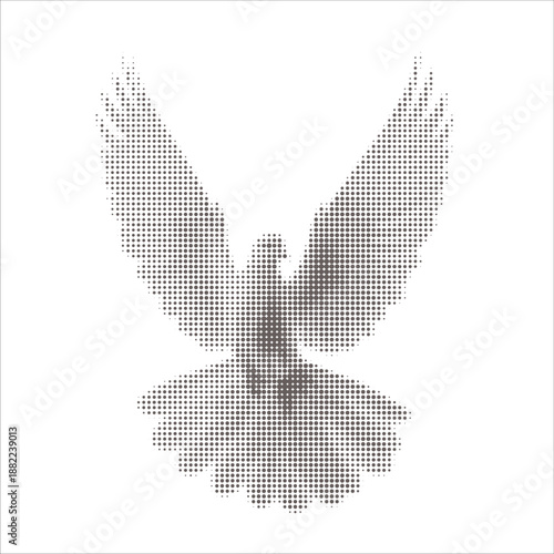 Dove in halftone style, black and white graphic illustration, vintage print effect, dot pattern shading, high contrast, minimalism, retro poster look, clean background, detailed silhouette, artistic v
