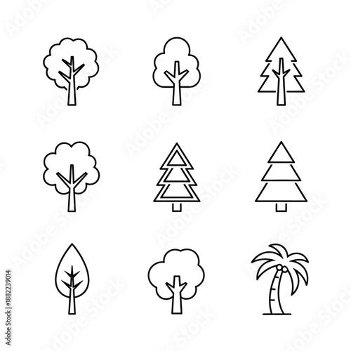 Nine simple line art icons of various trees, including deciduous and coniferous