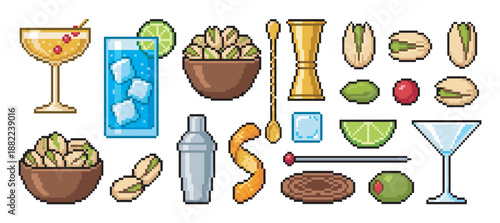 Pixel art cocktail and bar snack icons featuring a shaker, jigger, glasses, pistachios, and garnishes in a retro 8-bit video game style illustration set