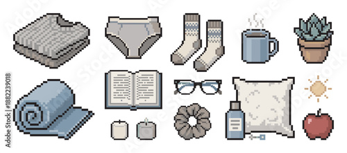 Collection of pixel art cozy icons representing a hygge lifestyle with a sweater, socks, book, and coffee, rendered in a retro 8-bit video game aesthetic for a self-care theme
