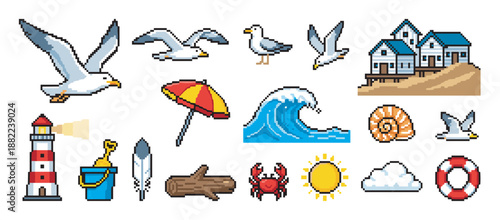 Collection of colorful pixel art beach icons featuring a lighthouse, seagulls, ocean wave, crab, and seaside houses in a retro 8-bit video game style illustration set