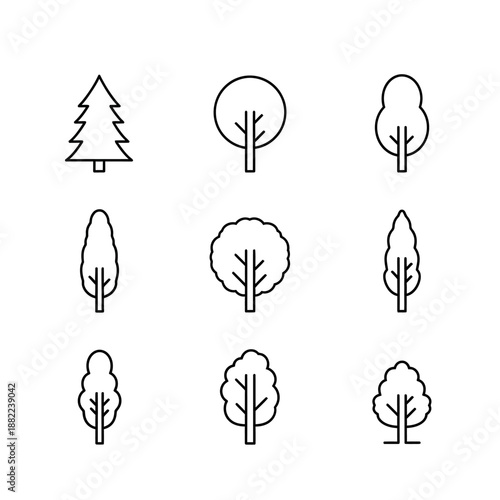 A collection of nine simple line art icons representing different tree shapes