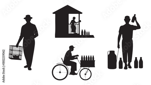Milkman Delivering Milk Bottles and Cans to Customers Silhouette Vector Set