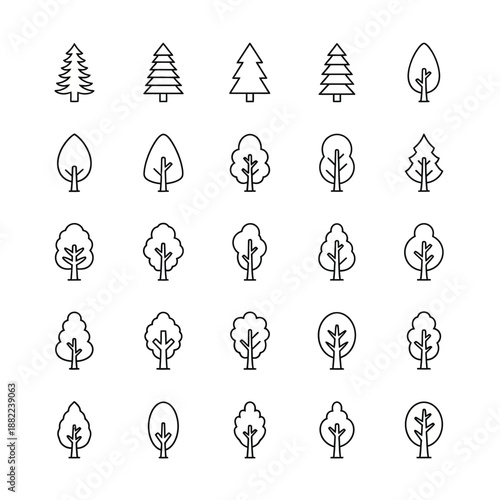 Collection of 25 simple line art icons depicting various trees