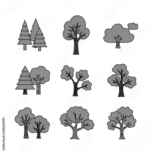 Collection of nine grayscale cartoon trees, including conifers and deciduous types