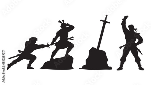 Medieval Knight Pulling Sword from Stone Silhouette Vector Illustration