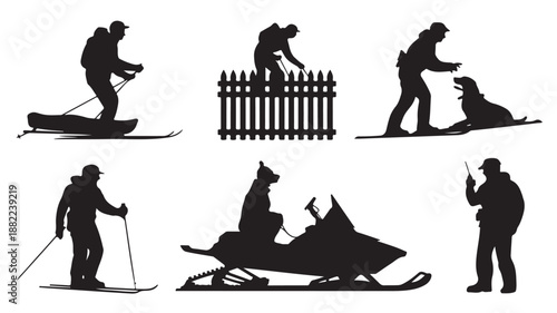 Silhouettes of People Engaged in Winter Sports, Outdoor Activities, and Dog Training Vector Set Isolated on White