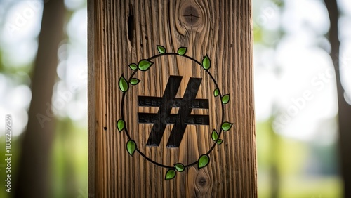 Engraved black hashtag symbol encircled by a delicate vine with vibrant green leaves carved deeply into a richly textured vertical weathered wooden post outdoors.