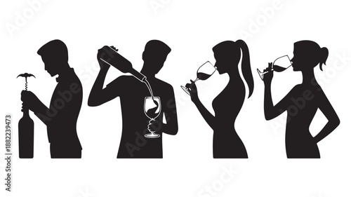 Wine Service Silhouettes Man Opening Bottle, Pouring, Woman Drinking Glass Isolated on White