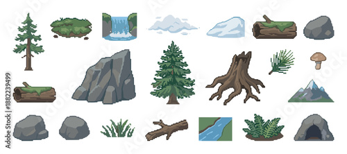 Set of pixel art forest and mountain environment assets featuring trees, rocks, a waterfall, a cave, and other natural elements for a retro 8-bit video game design