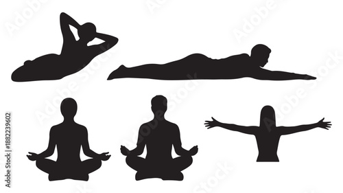 Silhouettes of People Relaxing and Meditating in Various Poses, Isolated on White Background