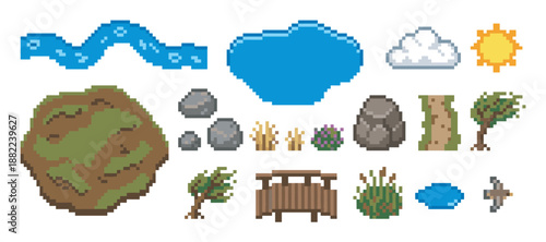 Pixel art game asset set with nature elements including a river, lake, trees, rocks, sun, and a wooden bridge for creating a retro 8-bit style landscape or map