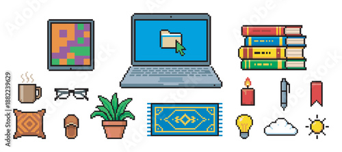 Collection of pixel art icons featuring a laptop, books, and cozy home office items for a retro 8-bit video game aesthetic, representing work from home and studying