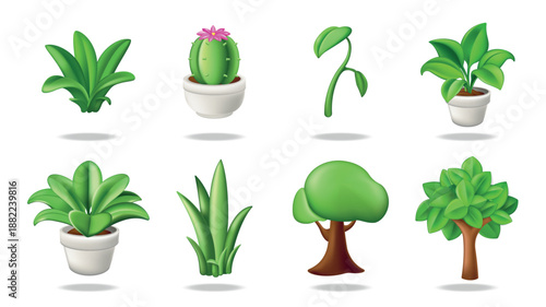 Plant shoot concept of 3D illustration set for modern web design. Collection with glossy green leaves, cactus with pink flower, sprouts, houseplants in pot, trees with foliage. Vector illustration.