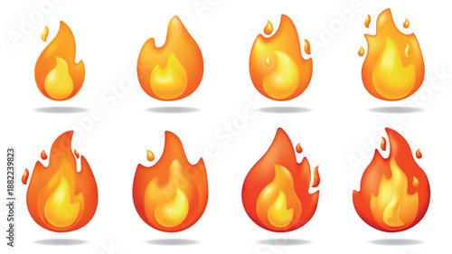 Fire flames concept of 3D illustration set for modern web design. Collection with glossy orange, yellow and red blaze igniting step by step. Simple burn flammable shape symbols. Vector illustration.