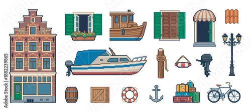 Pixel art collection of European city and nautical themed objects including a building, boats, bicycle, and luggage for a retro video game asset pack