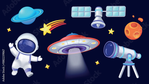 Space elements concept of 3D illustration set for modern web design. Collection with glossy planets, flying star, satellite, moon, astronaut, ufo spacecraft, astronomy telescope. Vector illustration.