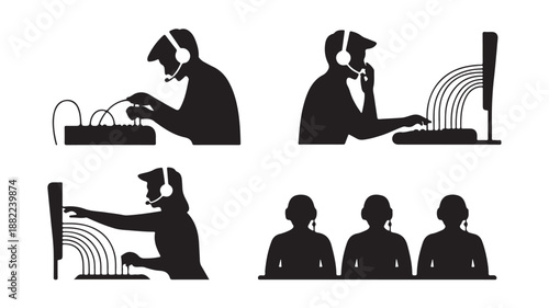 Call Center Agents Silhouettes Working with Headsets and Computers Vector Illustration