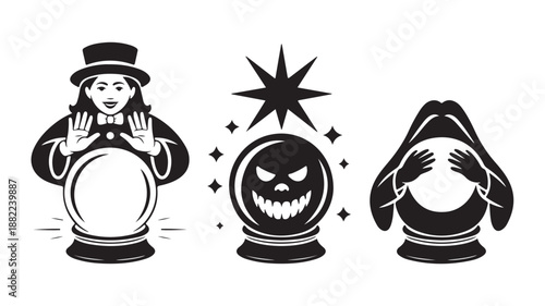 Fortune Teller Crystal Ball Icons Set Black and White Vector Illustration