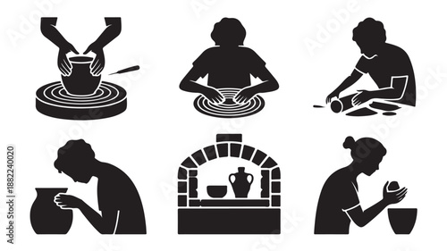 Pottery Making Stages Silhouettes, Artisans Shaping Clay, Using Potters Wheel and Firing Kiln