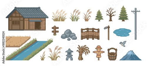 Pixel art set of Japanese-style countryside elements including a traditional house, rice field, mountain, and various farm objects for a retro 8-bit video game design