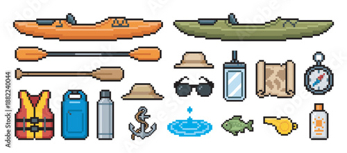 Set of pixel art icons for kayaking and outdoor adventure including a boat, paddle, life vest, compass, and map in a retro 8-bit video game style