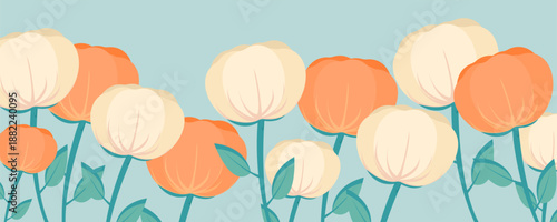 A banner with stylized large flowers in a flat style. A template for posters, flyers, packaging, social media posts, postcards, etc.