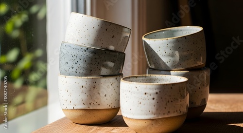 Stack of speckled ceramic bowls on a wooden table in natural window light setting