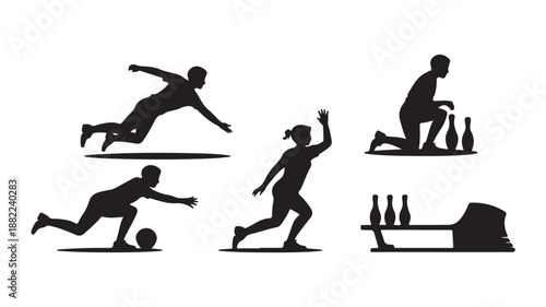 Bowling Players Silhouettes Throwing Ball and Setting Pins Isolated on White