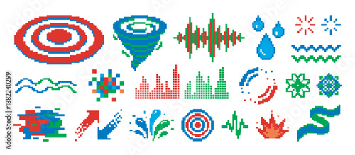Colorful pixel art icon set collection featuring various abstract symbols, weather elements, and data graphics in a retro 8-bit video game aesthetic with a simple color scheme