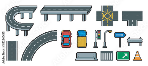 Set of pixel art road elements for a video game, including cars, trucks, signs, traffic lights, and various street sections like intersections and overpasses in a retro 8-bit style