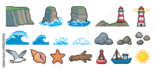 Collection of pixel art sea icons featuring a lighthouse, cliffs, waves, a boat, and a seagull in a retro 8-bit video game style for creative design projects