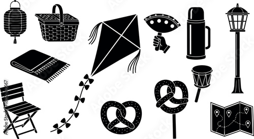 Black silhouette picnic basket lantern kite and pretzel vector icons set outdoor leisure hand holding fan and map