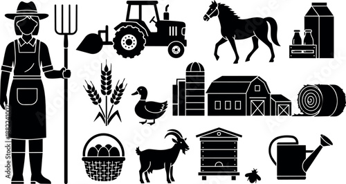 Silhouette vector farm woman holding pitchfork with tractor horse goat barn wheat basket and watering can icons