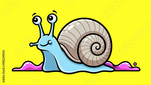 Joyful cartoon snail illustration with big googly eyes and swirling shell leaving a slime trail on a vibrant yellow
