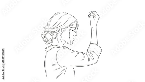 Elegant minimalist line art illustration of a woman with her hair in a bun looking thoughtful with eyes closed arm