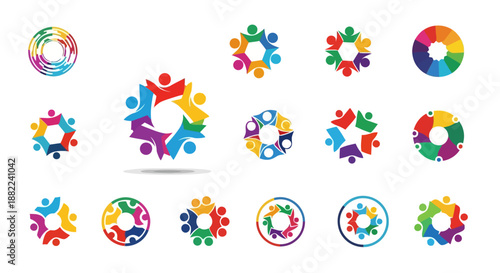 Colorful abstract group of people logo designs representing unity and community
